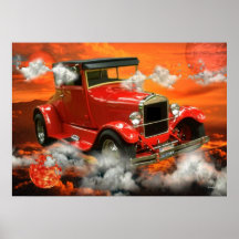 El coche anaranjado clásico vuela en las nubes poster