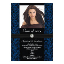 Elaborate Blue Black Damask Graduation Personalized Announcements