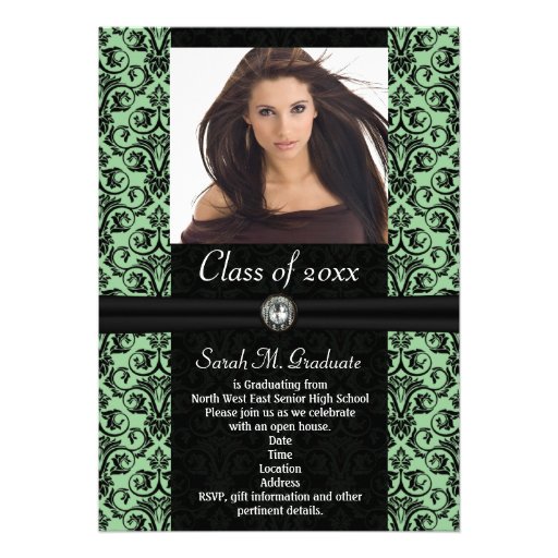 Elaborate Light Green Damask Graduation Personalized Invitations (front side)