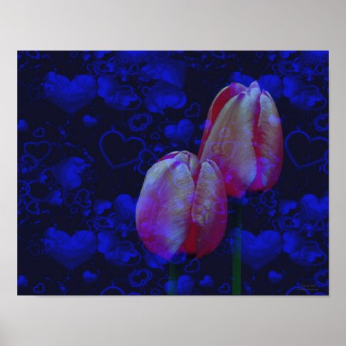 Electric Blue Hearts Pink Tulips Floral Print print