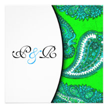 Electric Green & Aqua Paisley Wedding Invitation