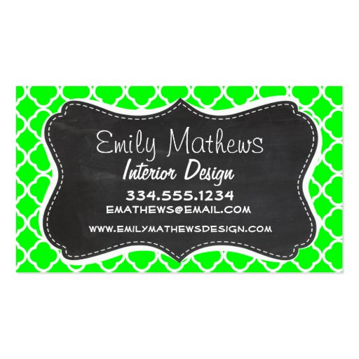 Electric Green Quatrefoil; Retro Chalkboard Business Card Template (front side)