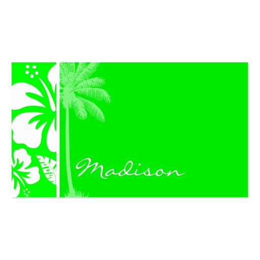 Electric Green Tropical Hibiscus; Palm Business Card Templates (front side)