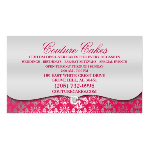 Electric Pink Cake Couture Glitzy Damask Bakery Business Card (back side)