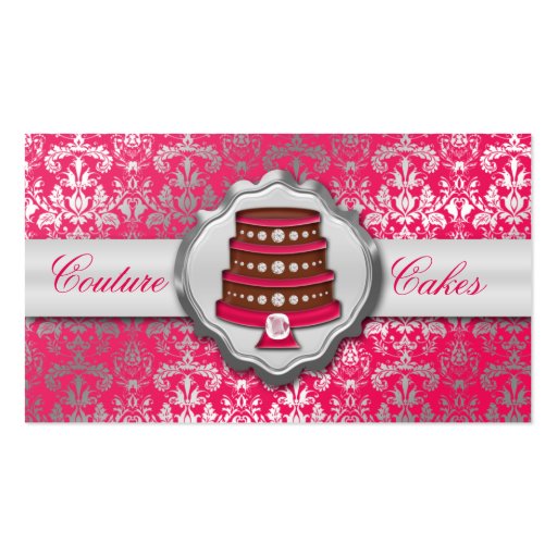 Electric Pink Cake Couture Glitzy Damask Bakery Business Card (front side)