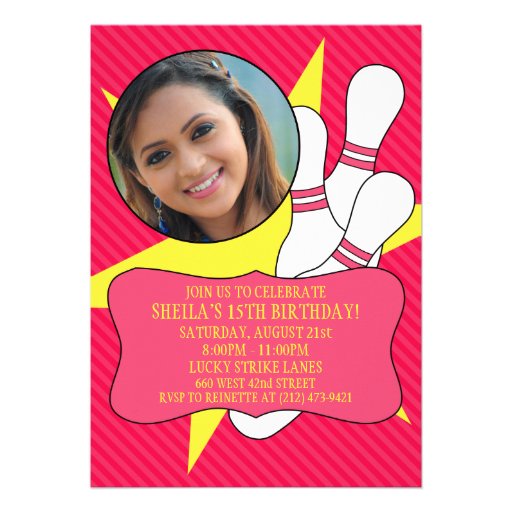 Electric Pink No Time To Spare Bowling Party Photo Personalized Invitations