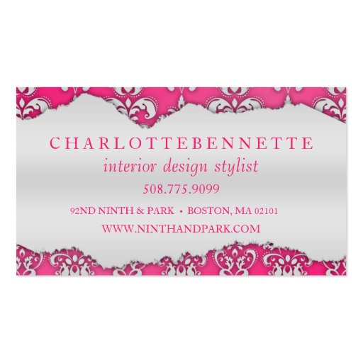 Electric Pink Ripped Damask Interior Design Business Card (back side)