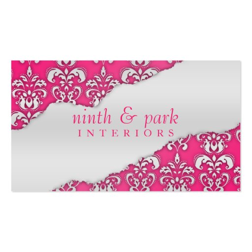 Electric Pink Ripped Damask Interior Design Business Card (front side)