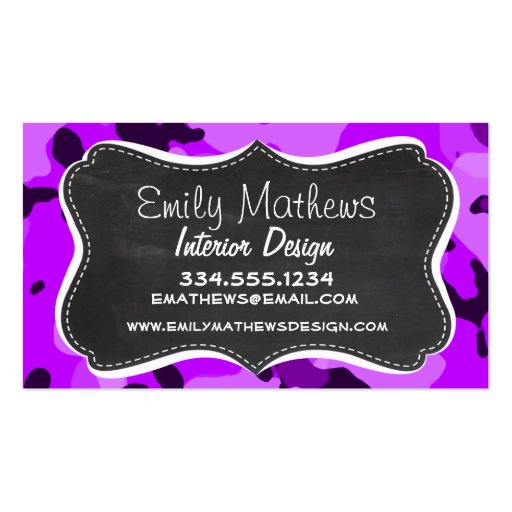 Electric Purple Camo; Vintage Chalkboard look Business Cards (front side)
