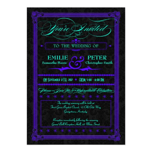 Electric Teal & Purple Poster Style Wedding Personalized Announcements