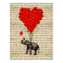 Elefante y globos en forma de corazón tarjetas postales