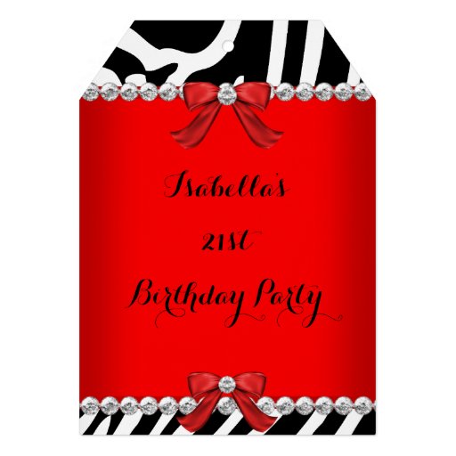Elegant 21st Birthday Party Red Zebra White T Custom Invitation