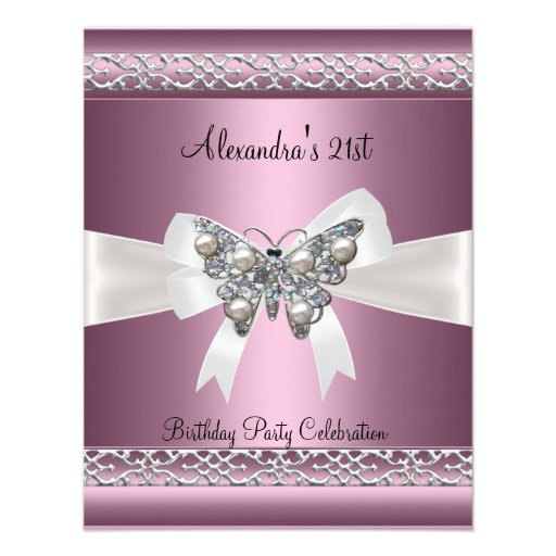 Elegant 21st Birthday Satin Pink Butterfly Jewel Custom Announcements (front side)