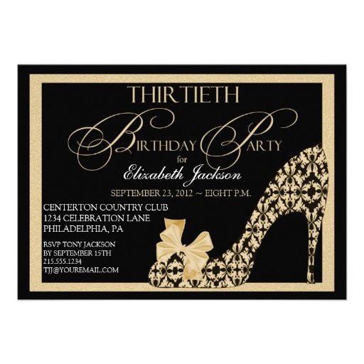Elegant 30th Gold & Black Damask Shoe Invitation