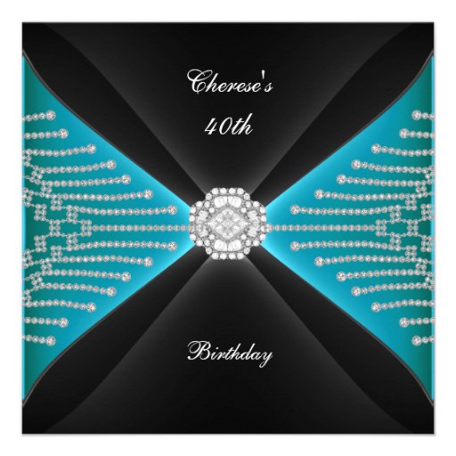 Elegant 40th Birthday Black Teal Blue Diamond Personalized Invite