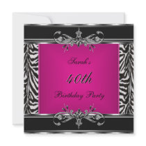 Elegant 40th Birthday Pink Zebra Black Silver Invite