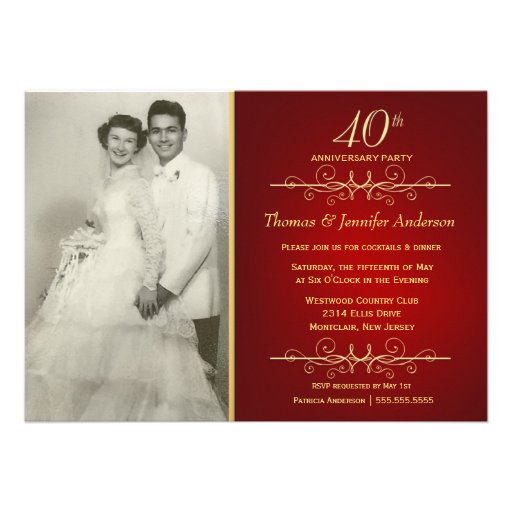 Elegant 40th Ruby Wedding Anniversary Invitations