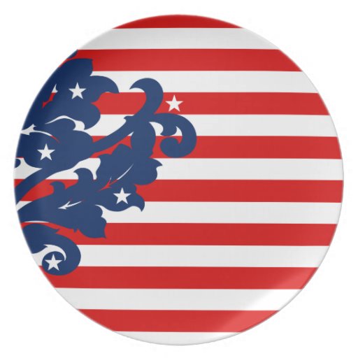Elegant 4th of July damask red, white, and blue Dinner Plate