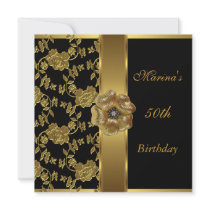 Elegant 50th Birthday Black Gold Floral Brocade Personalized Invitation