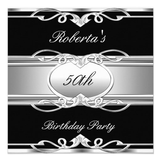 Elegant 50th Birthday Party Black Silver 50 Personalized Invitations (front side)