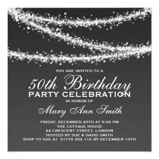 Elegant 50th Birthday Party Black String Lights Invite (front side)