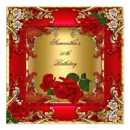 Elegant 50th Birthday Party Gold Red Rose Announcements