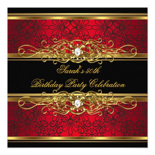 Elegant 50th Birthday Party Red Black Gold Damask Personalized Announcements (front side)