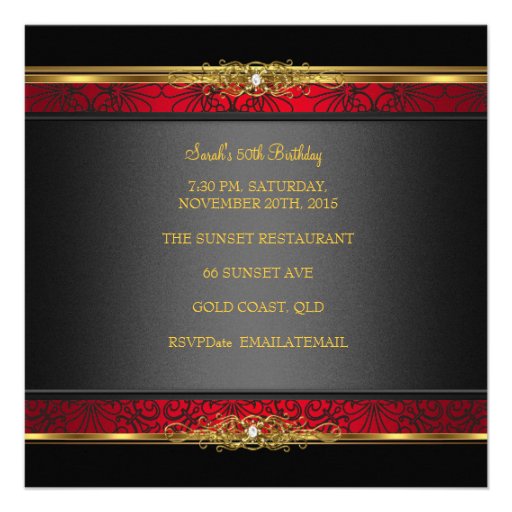 Elegant 50th Birthday Party Red Black Gold Damask Personalized Announcements