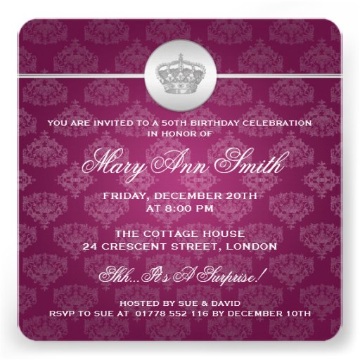 Elegant 50th Birthday Party Royal Crown Pink Personalized Invite