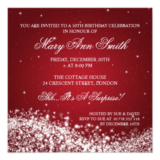 Elegant 50th Birthday Party Sparkling Wave Red Personalized Invites