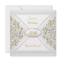 Elegant 50th Birthday Party White Gold Invites