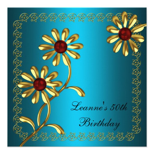 Elegant 50th Birthday Party White Gold Teal Floral Custom Invites (front side)