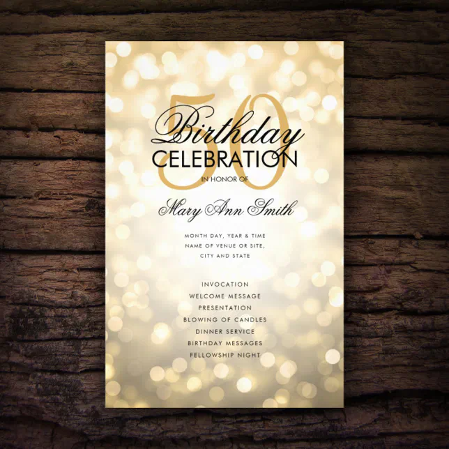 Elegant 50th Birthday Program Lights Gold W Menu Flyer Zazzle