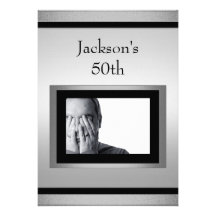 Elegant 50th Male Birthday Silver Black Photo Custom Invites