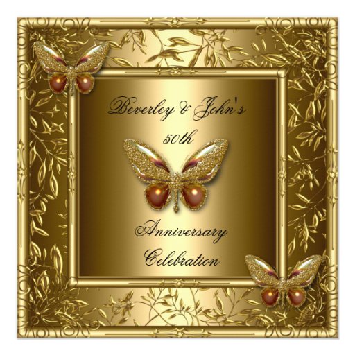 Elegant 50th Wedding Anniversary Gold Butterfly Personalized Invites (front side)