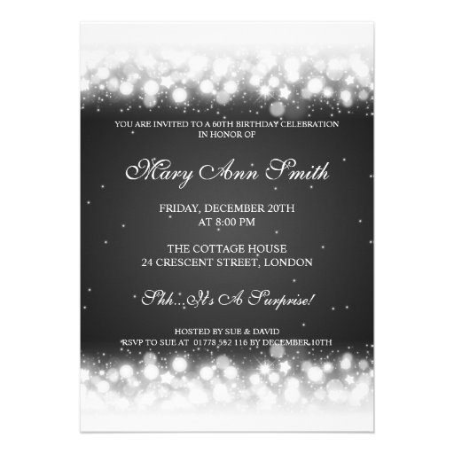 Elegant 60th Birthday Party Magic Sparkle Black Personalized Announcement (front side)
