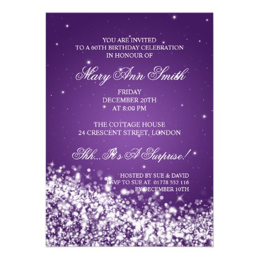 Elegant 60th Birthday Party Sparkling Wave Purple Custom Invites