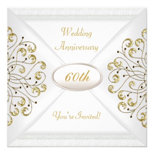 Elegant  60th Wedding Anniversary White Gold Invitations (front side)