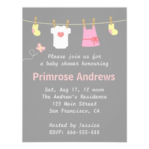 Elegant and Cute Girl Baby Shower, Grey Chevron Announcements (front side)