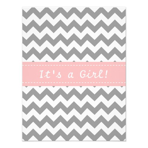 Elegant and Cute Girl Baby Shower, Grey Chevron Announcements