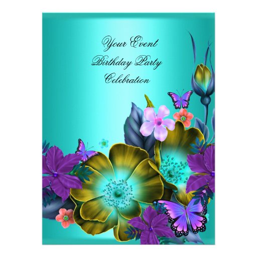 Elegant Any Event Party Teal Purple Gold Flowers Personalized Announcements (front side)