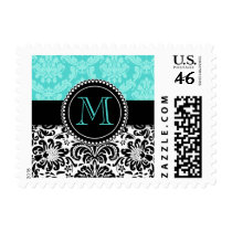Elegant Aqua Black Damask Personalized stamps