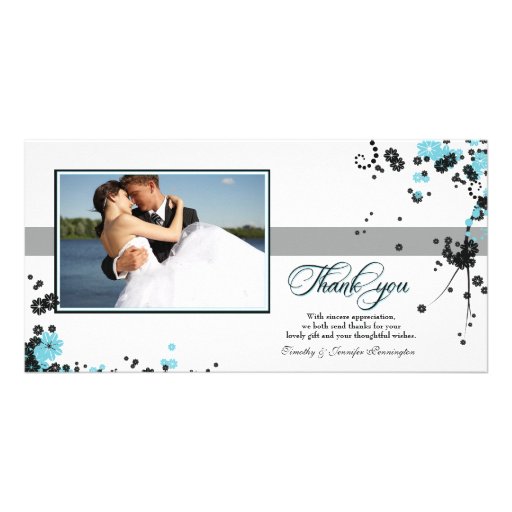 Elegant aqua + black flowers wedding thank you personalized photo card