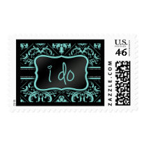 Elegant Aqua Blue and Black Damask I Do Stamp