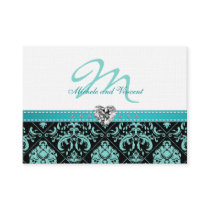 Elegant Aqua Blue and Black Damask Monogram RSVP Business Card Templates