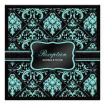Elegant Aqua Blue and Black Damask Reception Only Personalized Invitations
