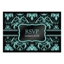 Elegant Aqua Blue and Black Damask RSVP Card