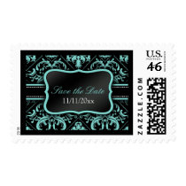 Elegant Aqua Blue and Black Damask Save the Date Postage Stamps