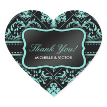Elegant Aqua Blue and Black Damask Thank You Heart Stickers
