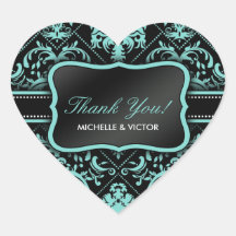 Elegant Aqua Blue and Black Damask Thank You Heart Stickers